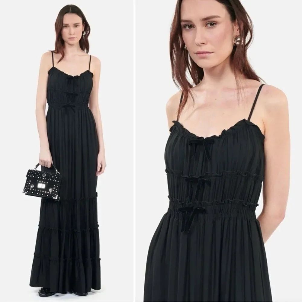 $325 The Kooples Shirred Long MaxiāBlack Dress with Bows Tiered Skirt NWT